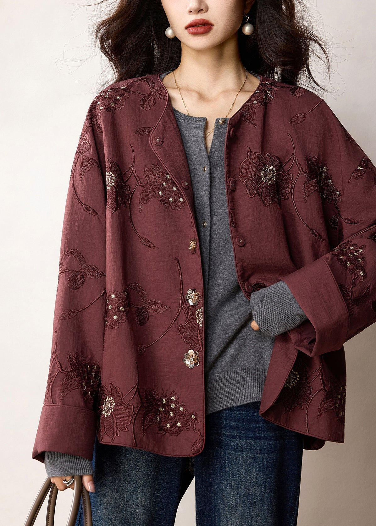 Fine Red Embroidered Patchwork Loose Cotton Coats Spring