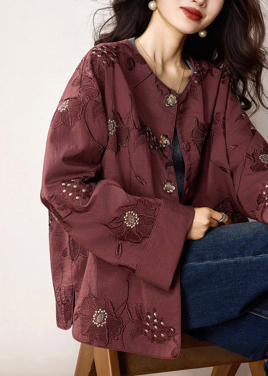Fine Red Embroidered Patchwork Loose Cotton Coats Spring