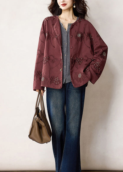 Fine Red Embroidered Patchwork Loose Cotton Coats Spring