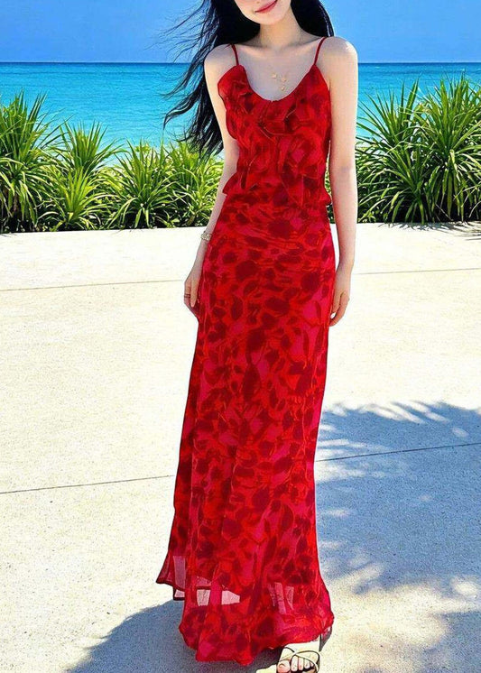 Fine Red O-Neck Print Chiffon Long Beach Dresses Summer