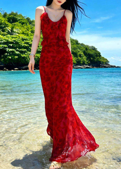 Fine Red O-Neck Print Chiffon Long Beach Dresses Summer