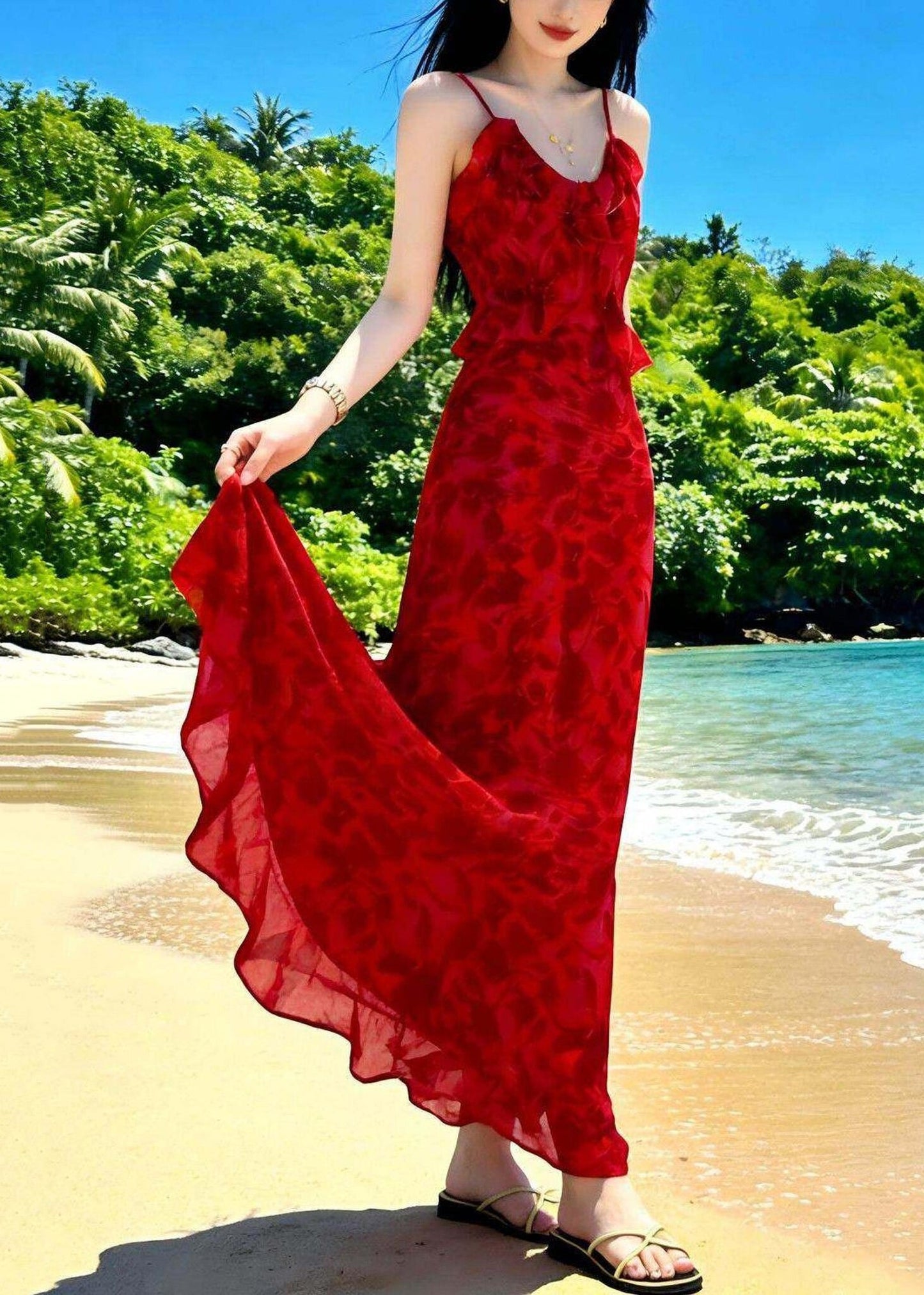 Fine Red O-Neck Print Chiffon Long Beach Dresses Summer
