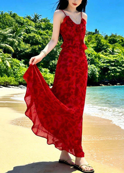 Fine Red O-Neck Print Chiffon Long Beach Dresses Summer