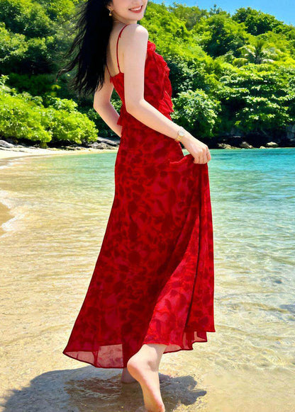 Fine Red O-Neck Print Chiffon Long Beach Dresses Summer