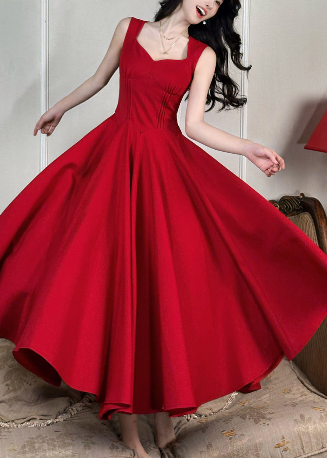 Fine Red Patchwork Tunic Long Spaghetti Strap Dresses Sleeveless