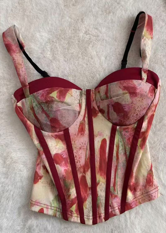 Fine Red Print Tulle Bustier Top Summer