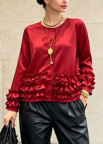 Fine Red Ruffled Patchwork Coat Long Sleeve