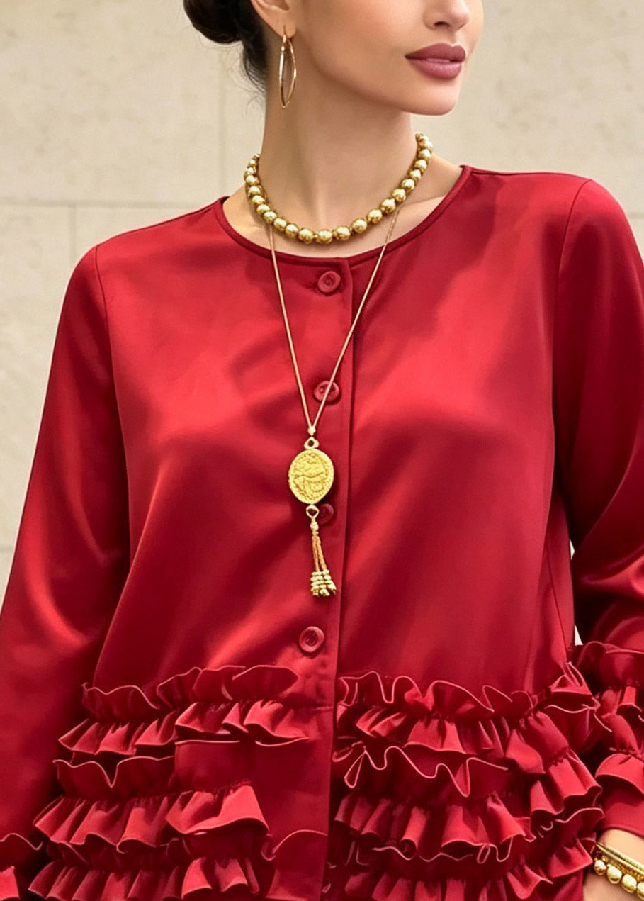 Fine Red Ruffled Patchwork Coat Long Sleeve