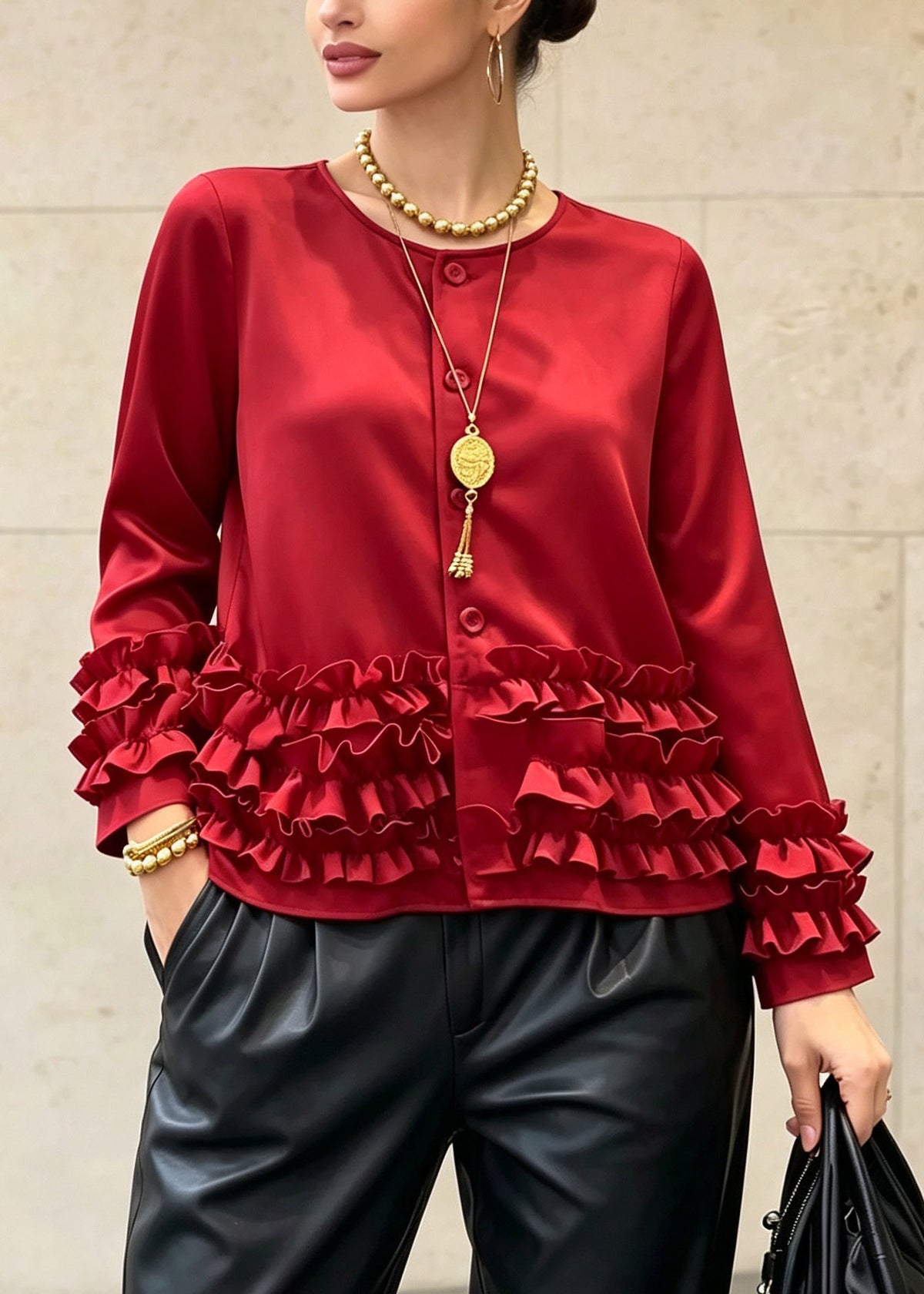 Fine Red Ruffled Patchwork Coat Long Sleeve