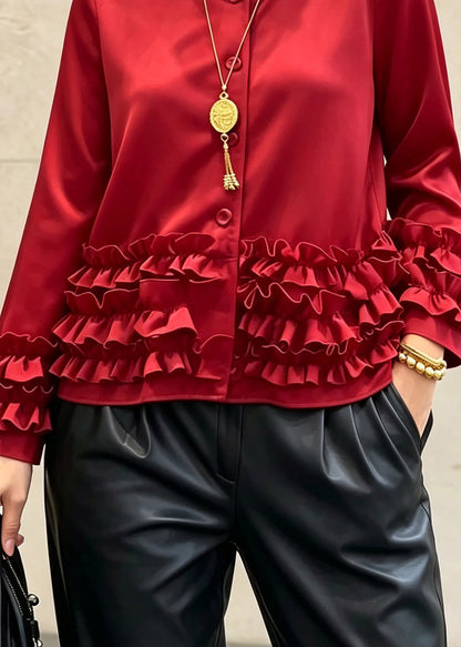 Fine Red Ruffled Patchwork Coat Long Sleeve