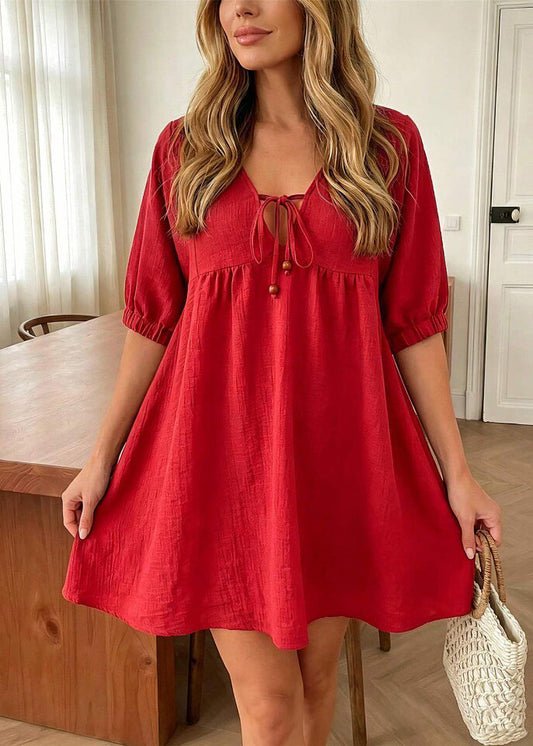 Fine Red V Neck Tie Lace Wrinkled Mid Dresses Half Sleeve