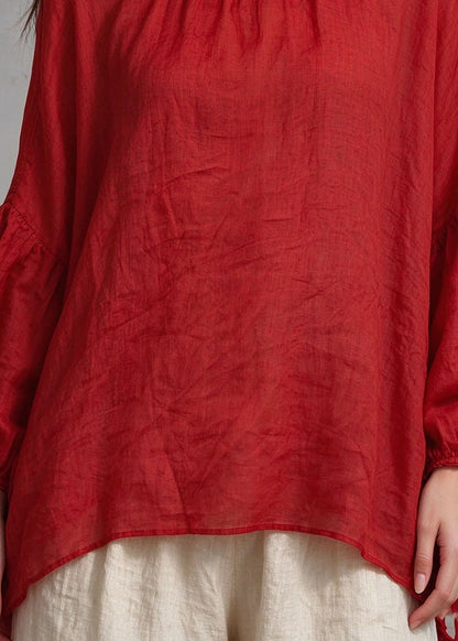 Fine Red Wrinkled Patchwork Linen Shirts Fall