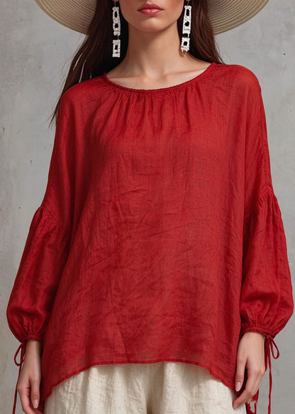 Fine Red Wrinkled Patchwork Linen Shirts Fall