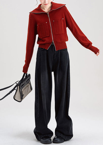 Fine Red Zip Up Peter Pan Collar Knit Cardigans Winter