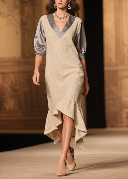 Fine Ruffled Asymmetrical Design Patchwork Linen Silk Dress Summer