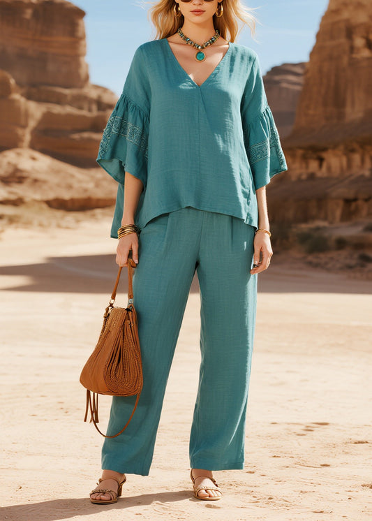 Fine Sea Blue V Neck Oversized Cotton Two Pieces Set Flare Sleeve