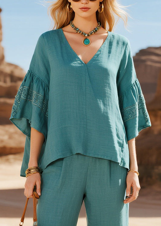 Fine Sea Blue V Neck Oversized Cotton Two Pieces Set Flare Sleeve