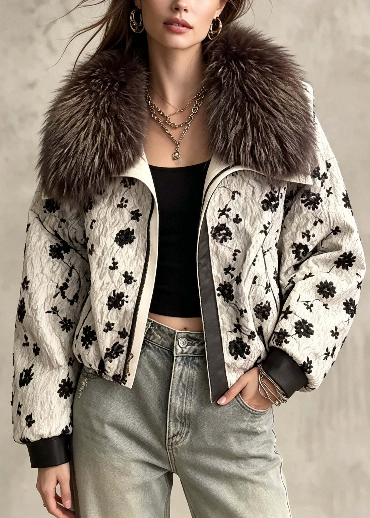 Fine Sequins Faux Fur Duck Down Puffers Jackets Winter