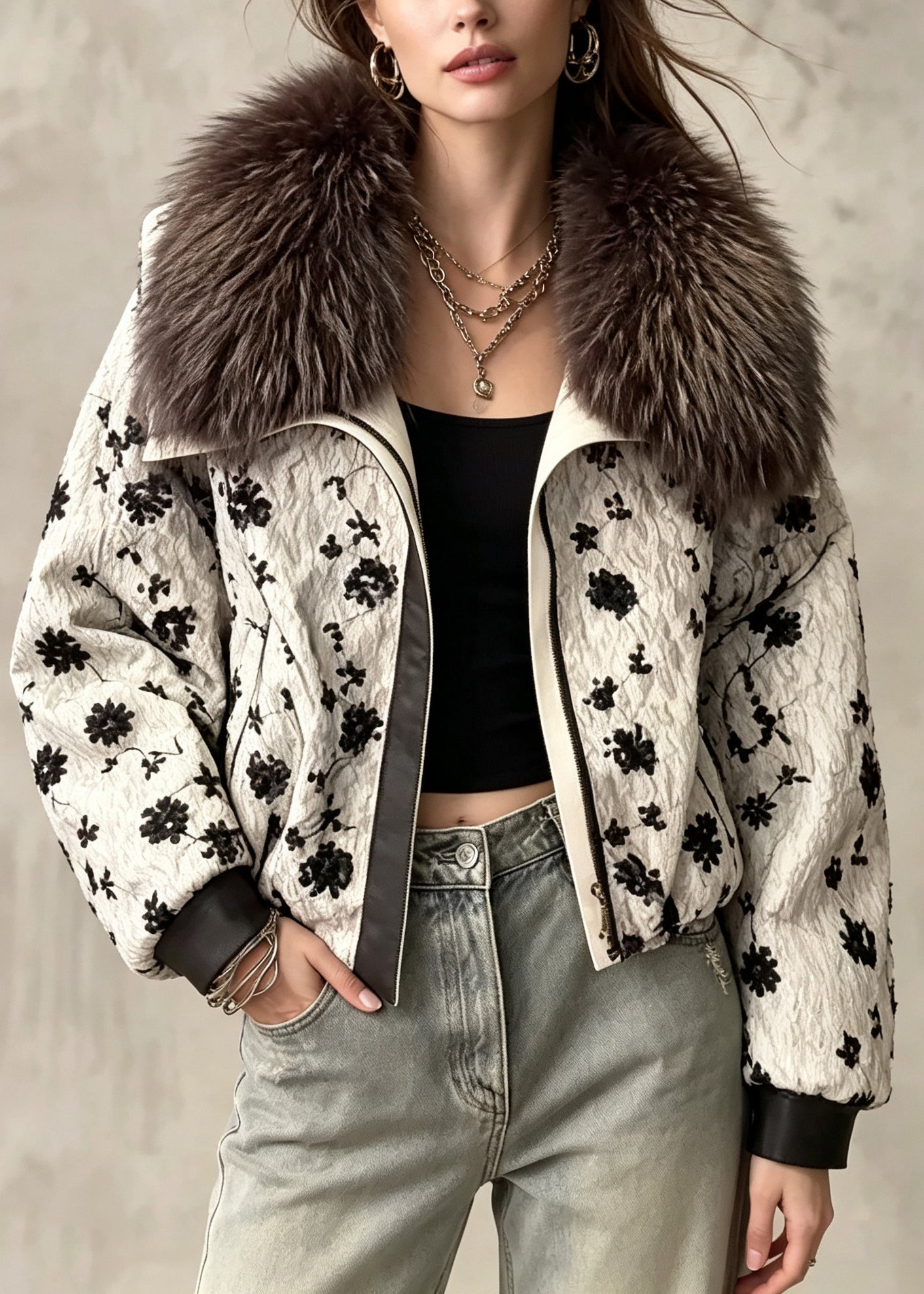 Fine Sequins Faux Fur Duck Down Puffers Jackets Winter