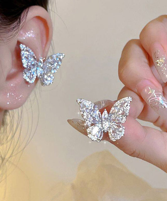 Fine Silk Copper Alloy Zircon Butterfly Stud Earrings