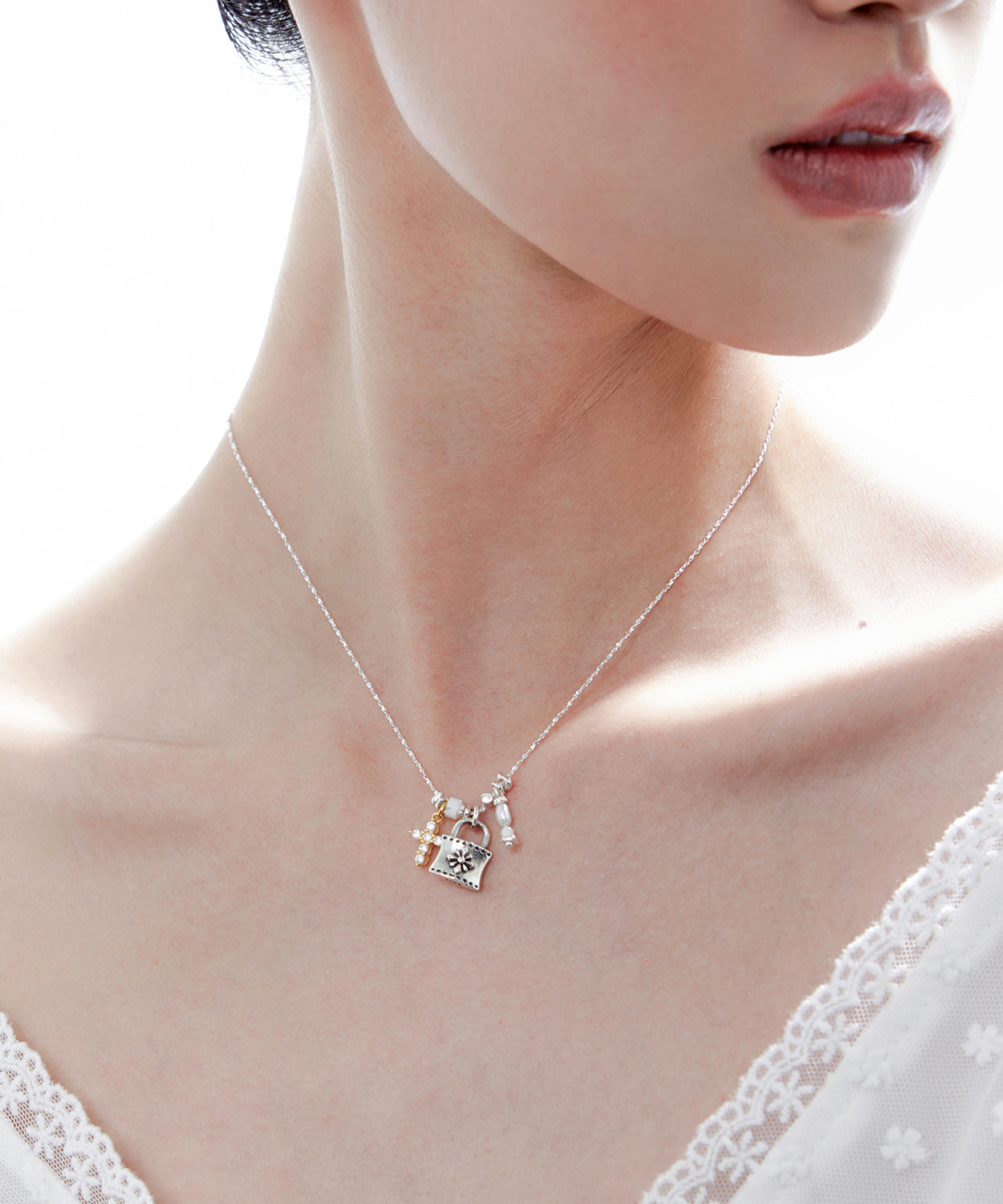 Fine Silk Cross Small Lock Pendant Adjustable Silver Necklace