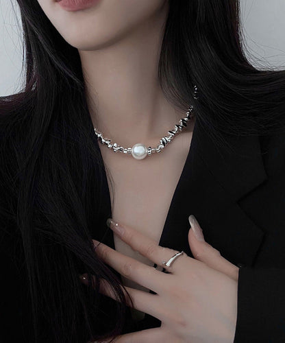 Fine Silk Stainless Steel Broken Silver Pearl Patchwork Pendant Necklace