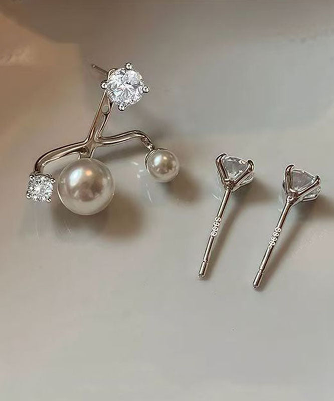 Fine Silk Sterling Silver Zircon Pearl Gypsophila Stud Earrings
