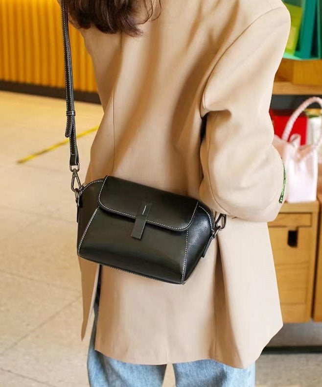 Fine Simple Coffee Calf Leather CrossBody Handbag