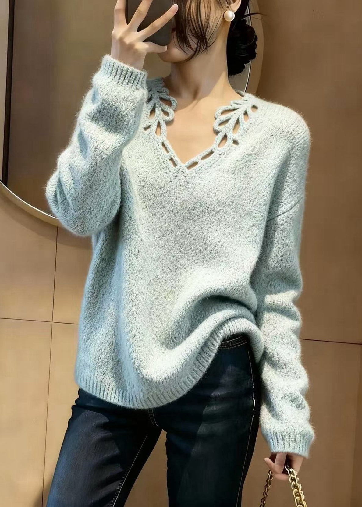 Fine Sky Blue V Neck Hollow Out Knit Pullover Winter