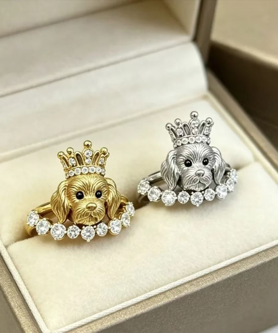 Fine Sterling Silver Overgild Zircon Little Dog Rings Two-Piece Set