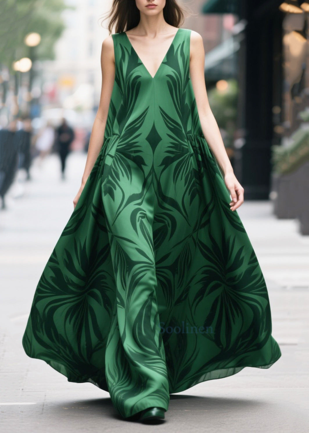 Fine Tea Green Oversized Print Chiffon Long Dresses Summer