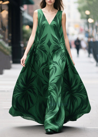 Fine Tea Green Oversized Print Chiffon Long Dresses Summer