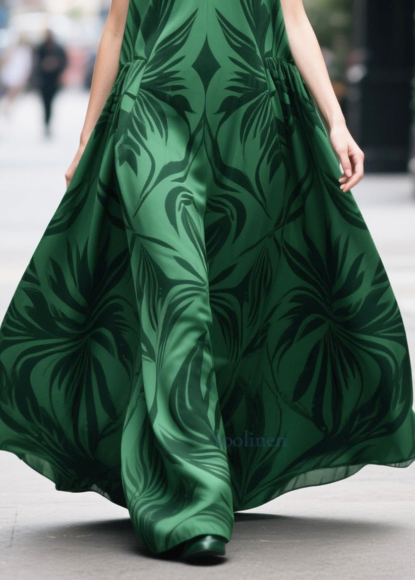 Fine Tea Green Oversized Print Chiffon Long Dresses Summer