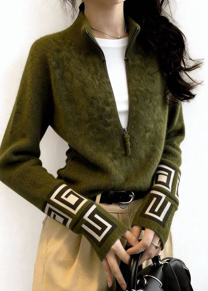 Fine Tea Green Zip Up Print Knit Sweater Tops Winter