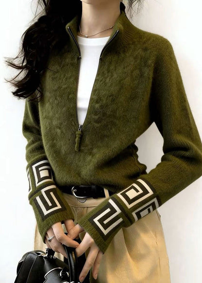 Fine Tea Green Zip Up Print Knit Sweater Tops Winter