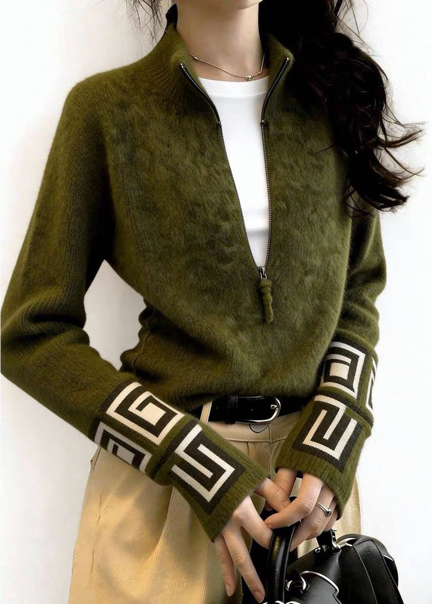 Fine Tea Green Zip Up Print Knit Sweater Tops Winter