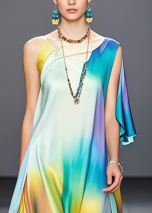 Fine Tie Dye Asymmetrical Draping Silk Holiday Dress Summer