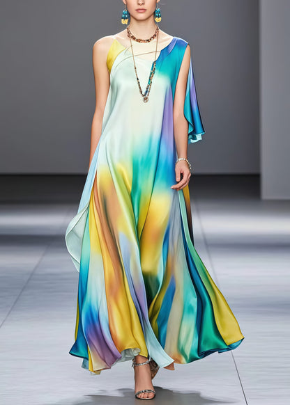 Fine Tie Dye Asymmetrical Draping Silk Holiday Dress Summer