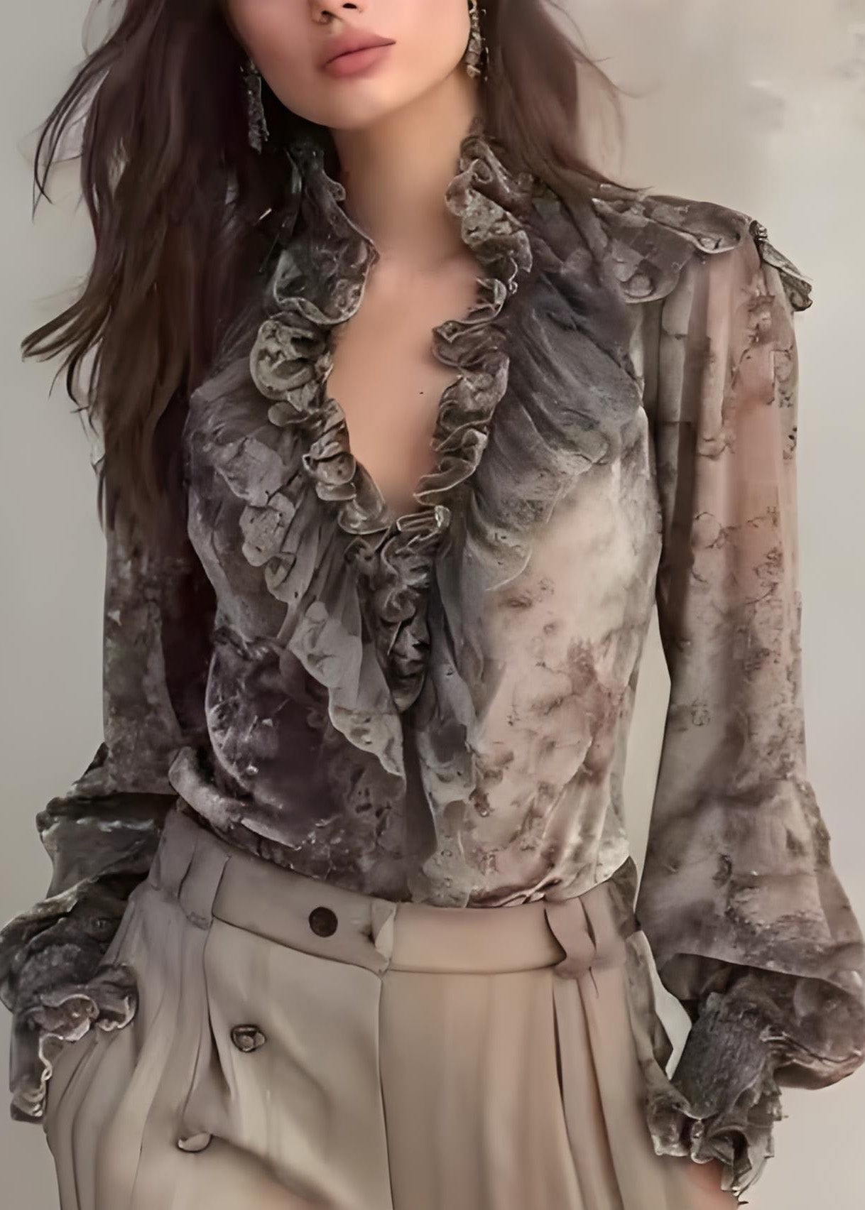Fine Tie Dye Ruffled Patchwork Chiffon Top Spring