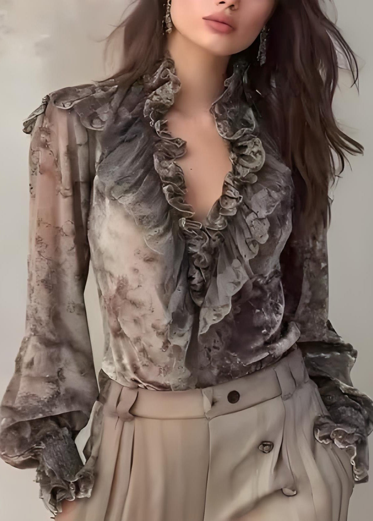 Fine Tie Dye Ruffled Patchwork Chiffon Top Spring