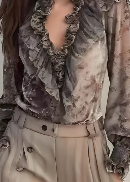 Fine Tie Dye Ruffled Patchwork Chiffon Top Spring