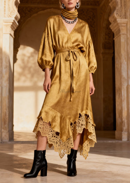 Fine V Neck Asymmetrical Lace Patchwork Silk Dresses Spring
