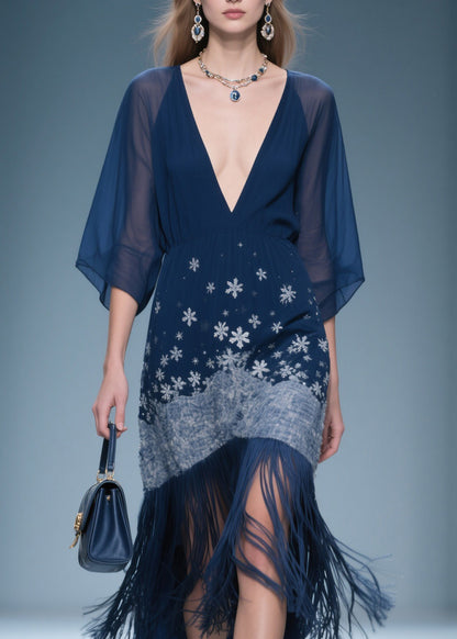 Fine V Neck Print Tassel Chiffon Maxi Dresses Summer