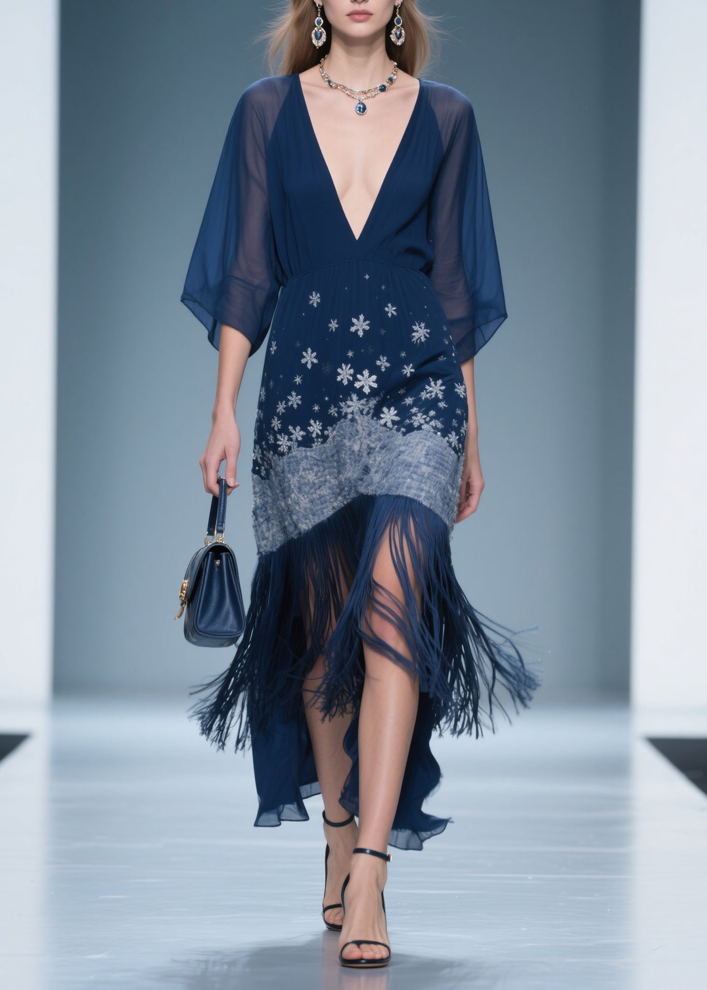 Fine V Neck Print Tassel Chiffon Maxi Dresses Summer