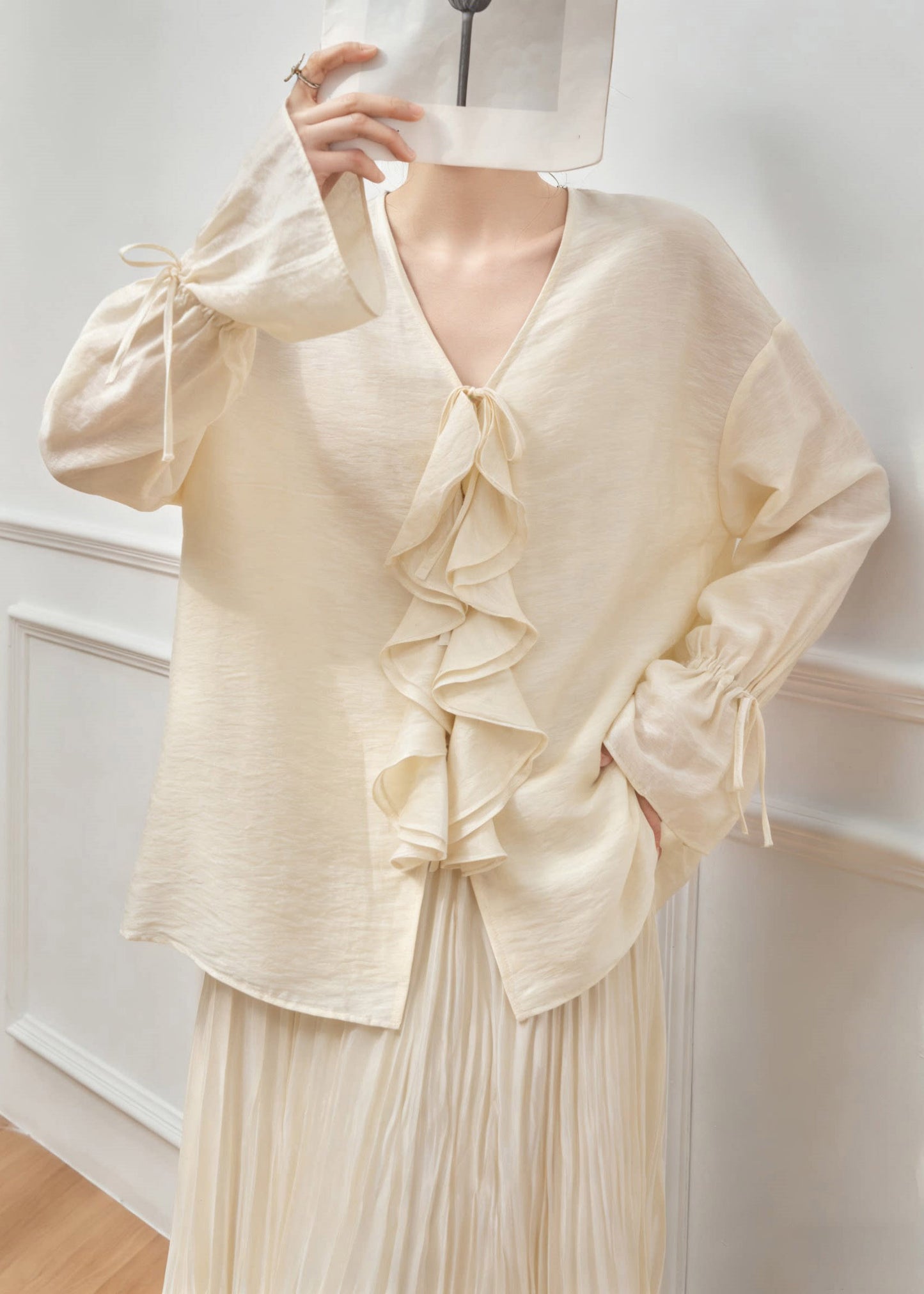Fine V Neck Tie Lace Top And Maxi Skirts Two Pieces Set Flare Sleeve