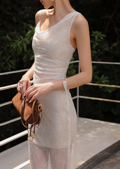Fine White Asymmetrical Eyelash Lace Cami Dresses Summer