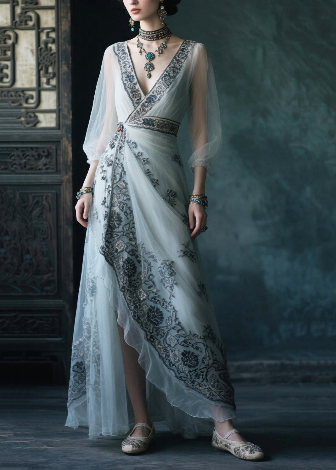 Fine White Asymmetrical Print Chiffon Ankle Dress Summer