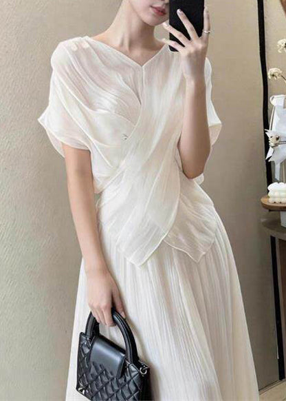 Fine White Asymmetrical Wrinkled Chiffon Two Pieces Set Summer