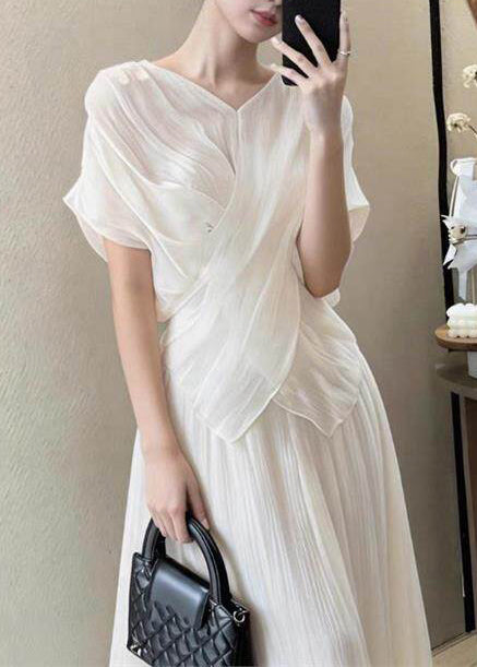 Fine White Asymmetrical Wrinkled Chiffon Two Pieces Set Summer