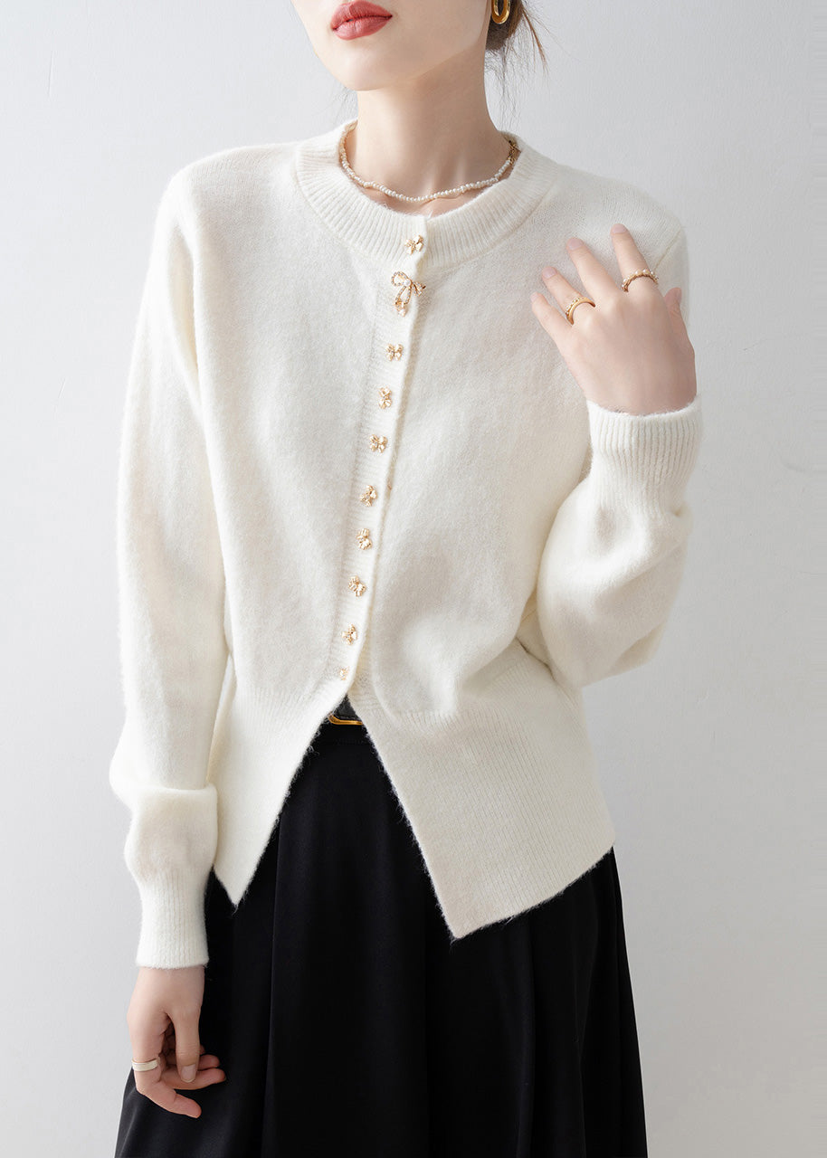Fine White Bow Side Open Warm Knit Cardigan Winter